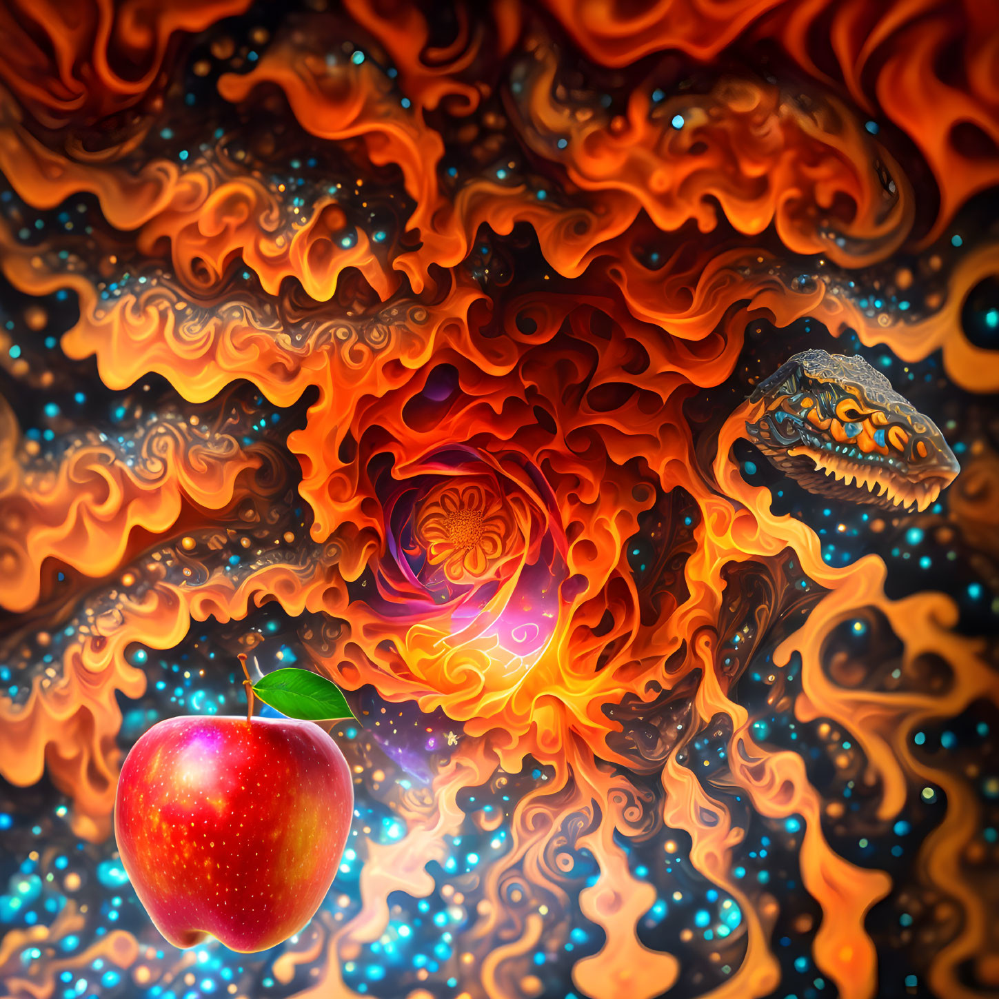 Vivid digital artwork: swirling orange and black patterns, red apple, menacing eye