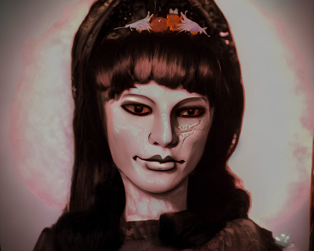 Stylized portrait of a person with dark hair and intricate white facial makeup