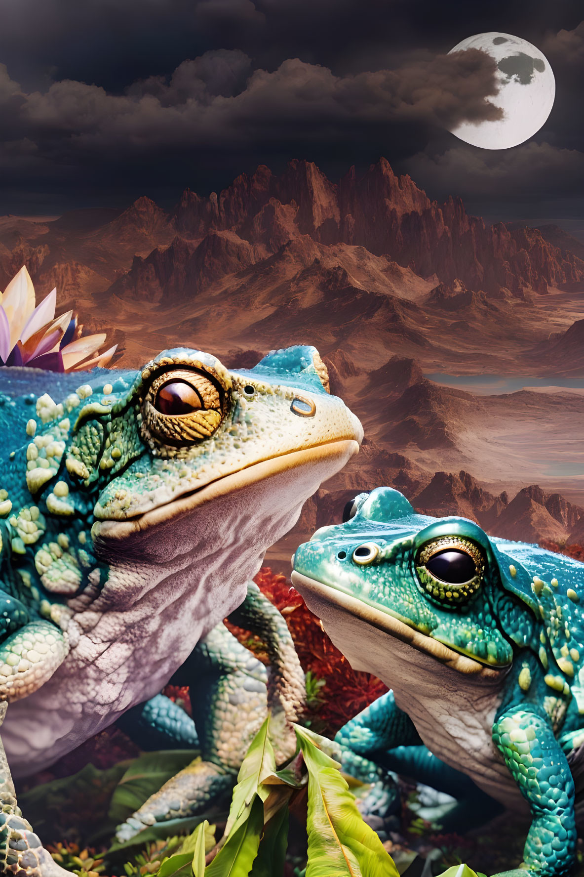 Vibrant blue frogs in surreal mountain landscape