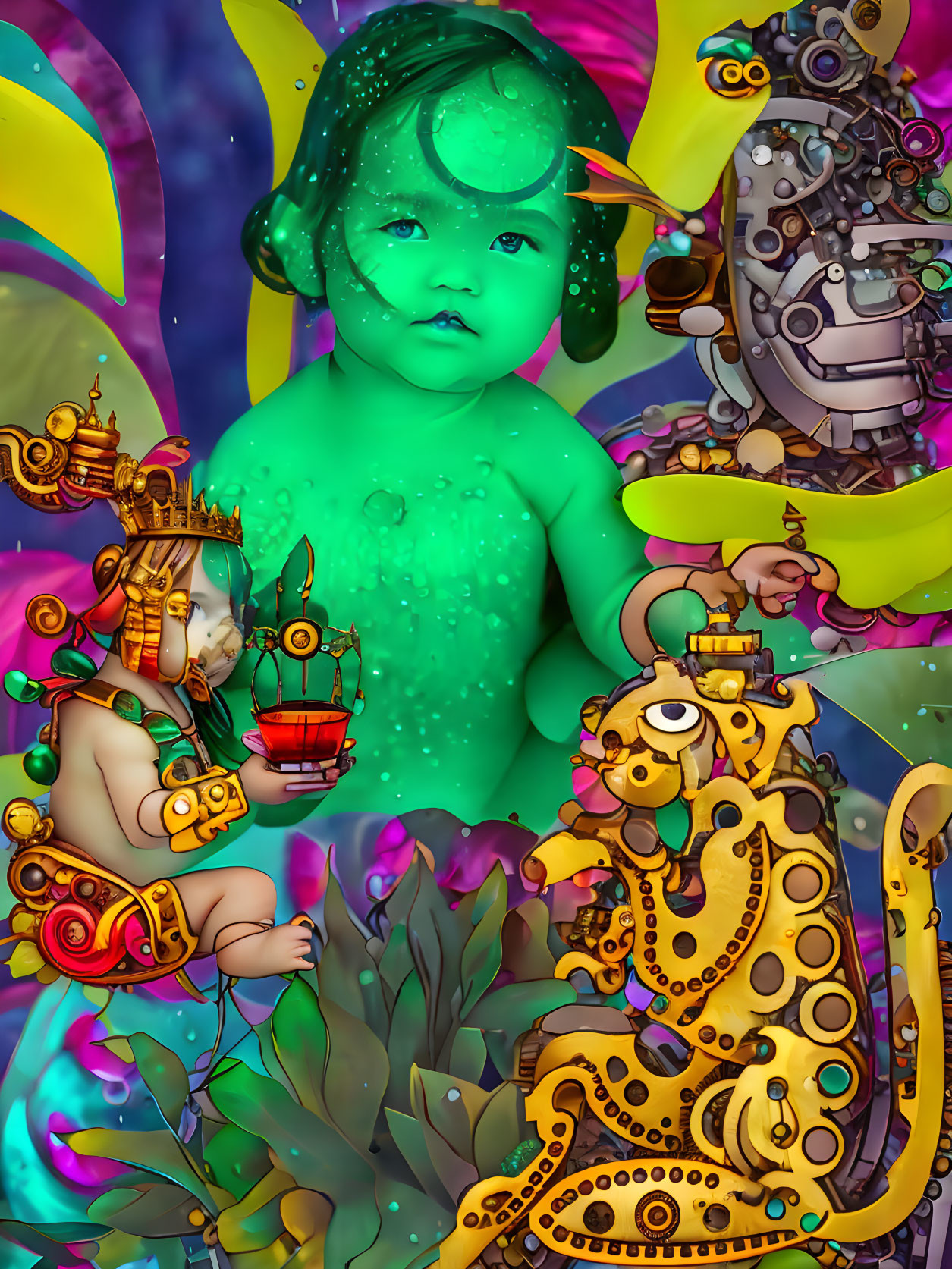 Colorful surreal digital artwork: Green baby face, child with crown on cheetah, mechanical elements