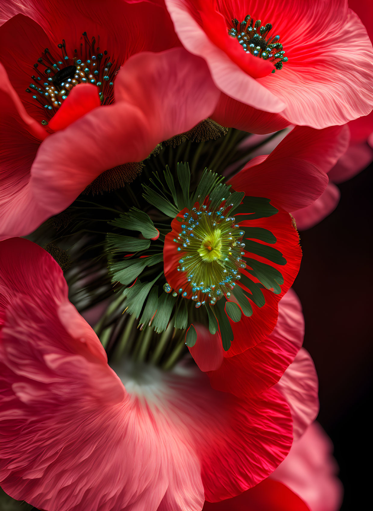 Bright Red Poppies with Dark Green Centers on Black Background