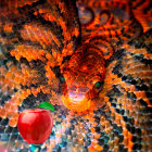 Vivid digital artwork: swirling orange and black patterns, red apple, menacing eye