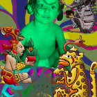 Colorful surreal digital artwork: Green baby face, child with crown on cheetah, mechanical elements