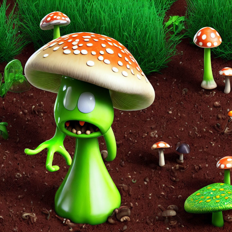 Green character with mushroom cap in lush grass scene