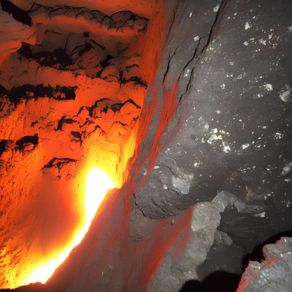 Glowing red and orange molten lava flows in volcanic cave