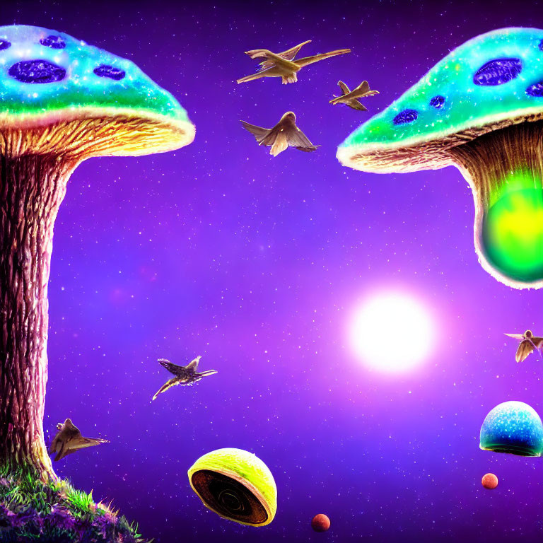 Fantasy landscape with glowing mushrooms, starry sky, birds, rocks, and sun