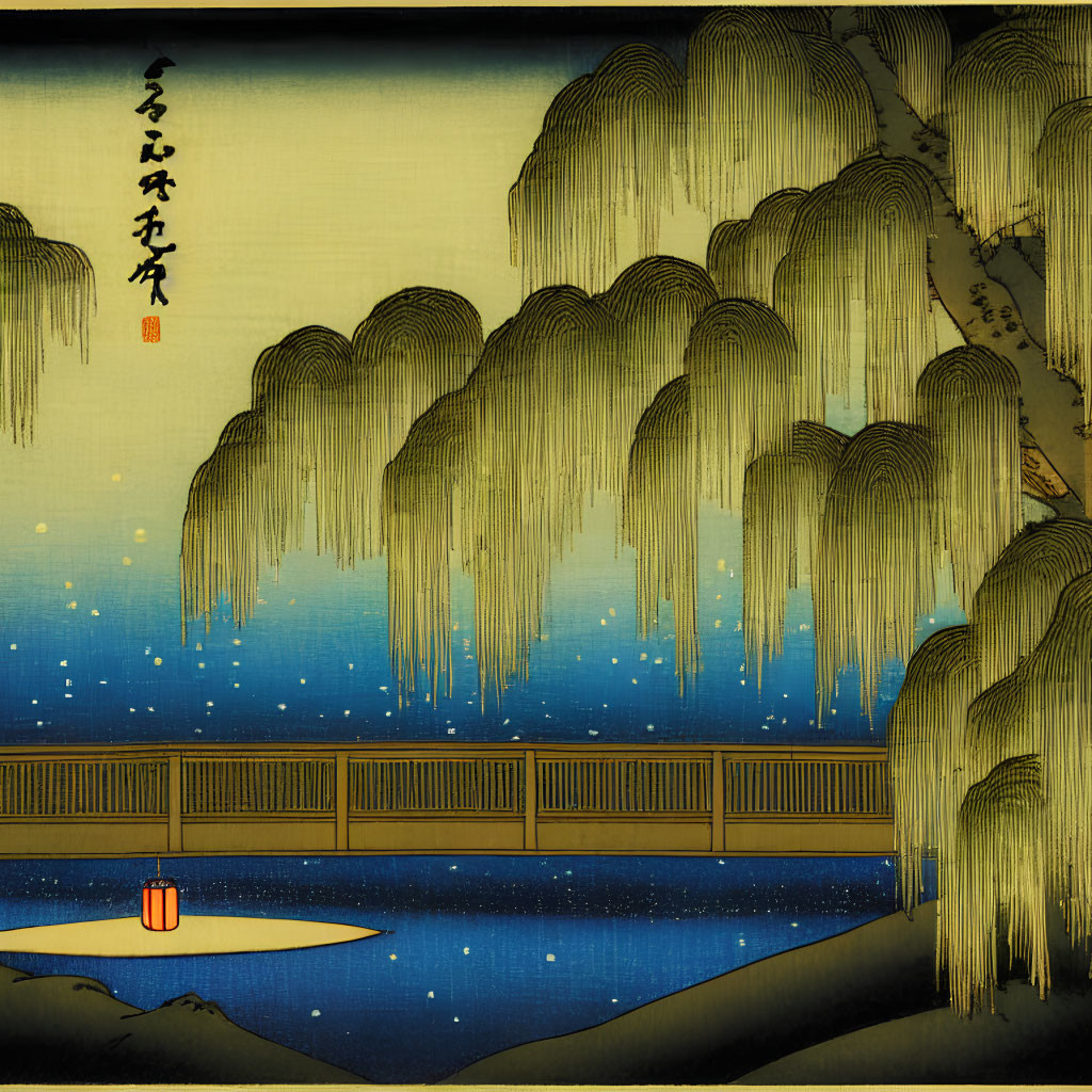 Japanese Ukiyo-e Style Illustration of Tranquil Night Scene