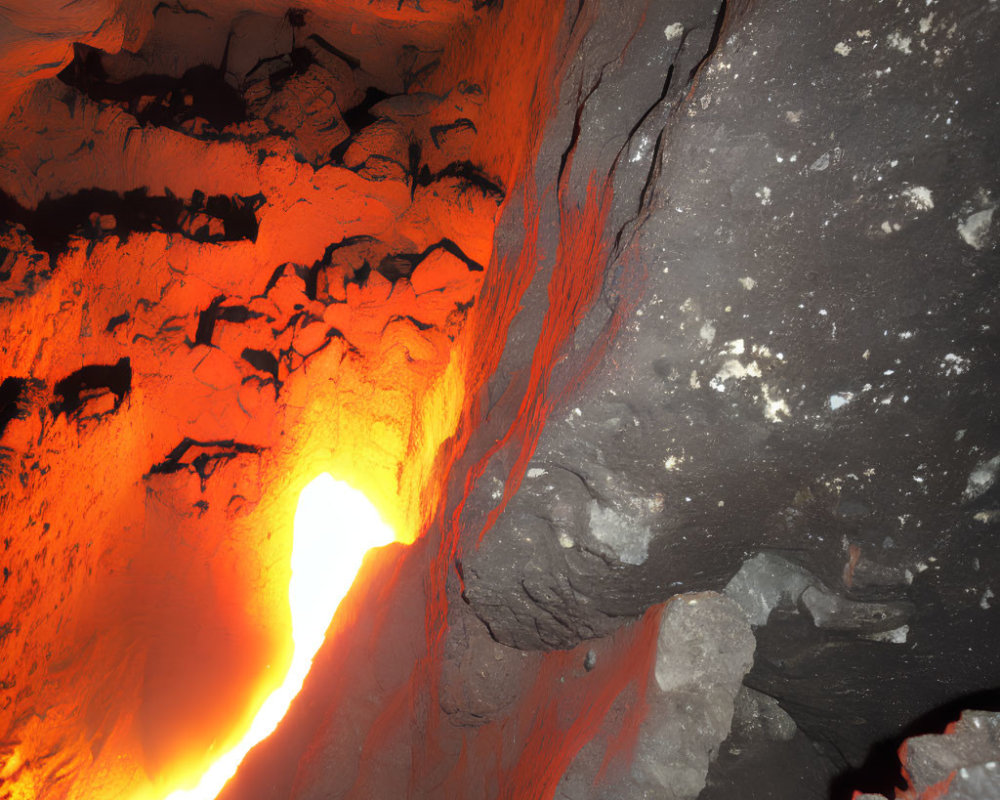 Glowing red and orange molten lava flows in volcanic cave