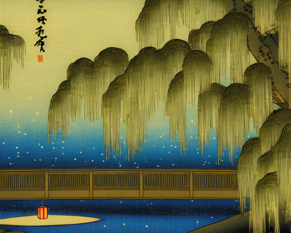 Japanese Ukiyo-e Style Illustration of Tranquil Night Scene