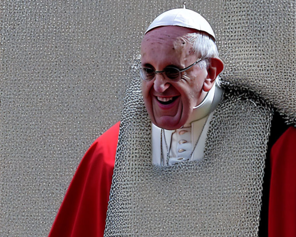 Smiling person in white cassock and red cape on textured background