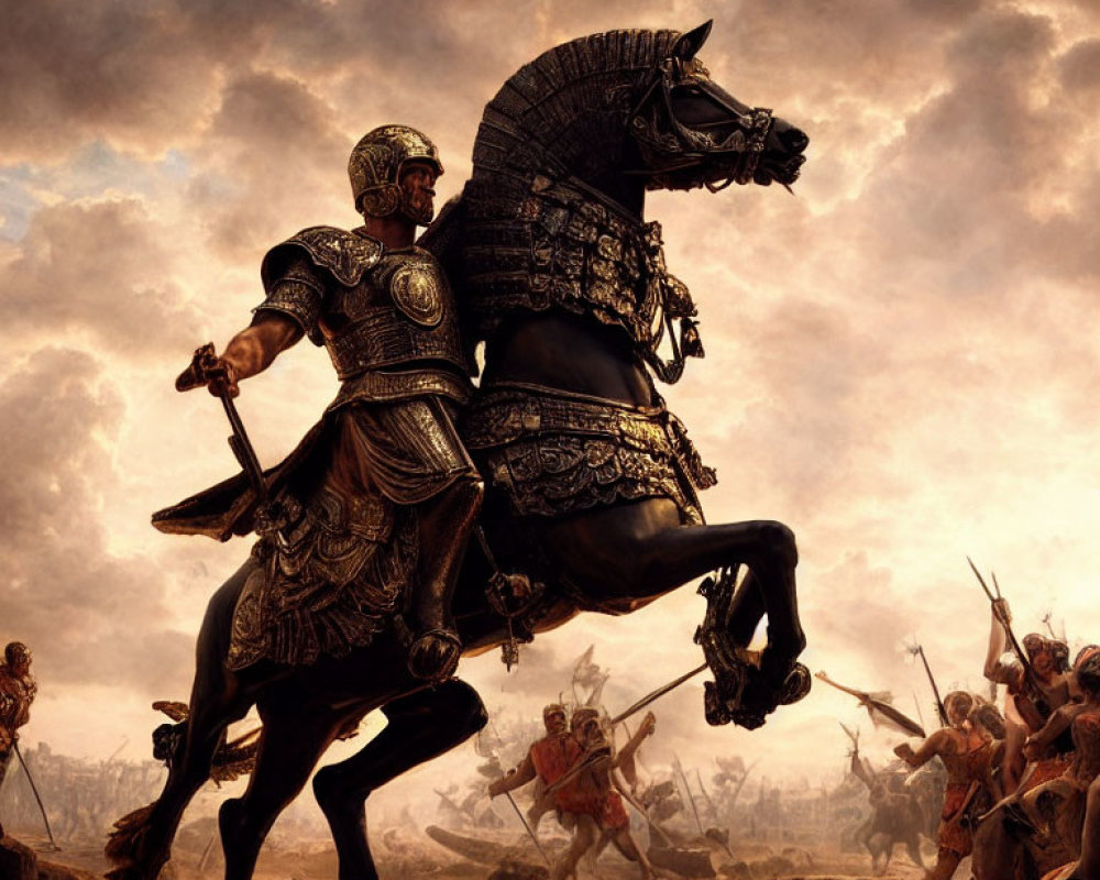 Warrior in Armor on Rearing Horse in Battle Scene