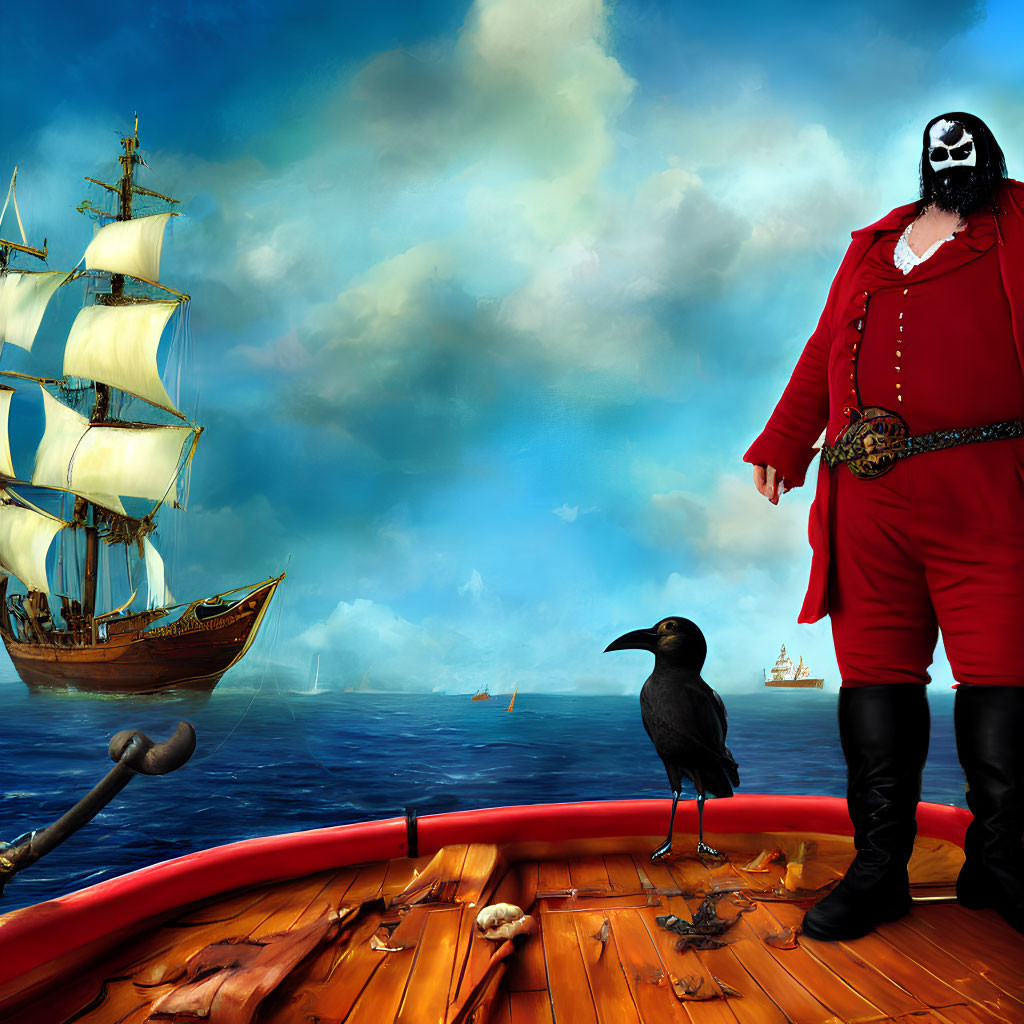 Pirate with skull mask on ship deck with raven and ocean view