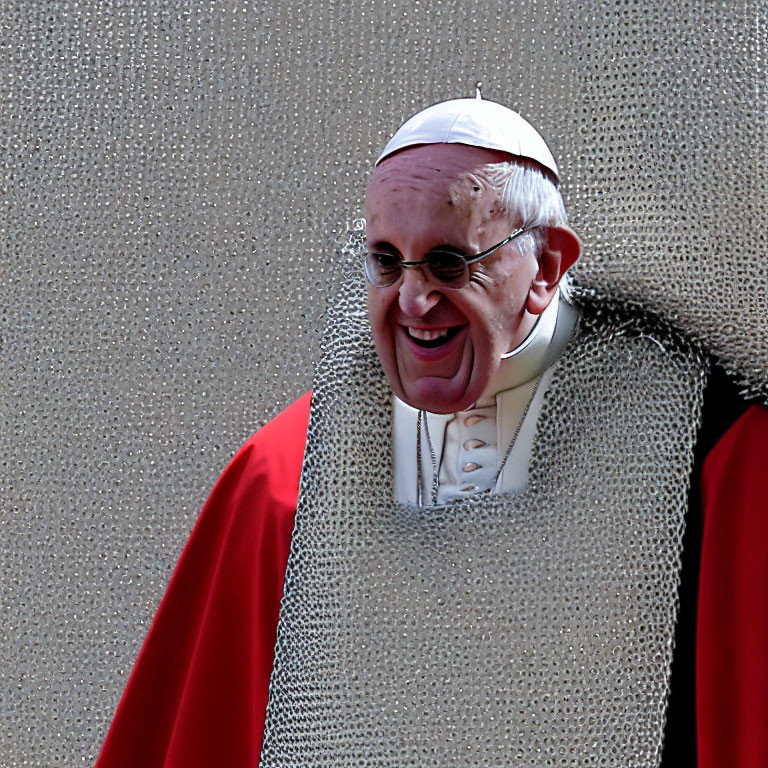 Smiling person in white cassock and red cape on textured background