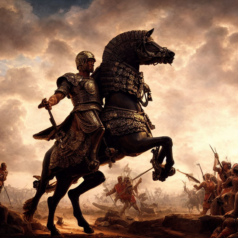 Warrior in Armor on Rearing Horse in Battle Scene