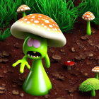 Green character with mushroom cap in lush grass scene