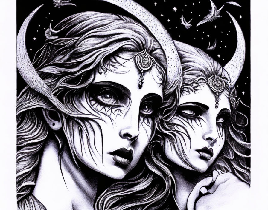 Ethereal women with horns in monochrome celestial scene