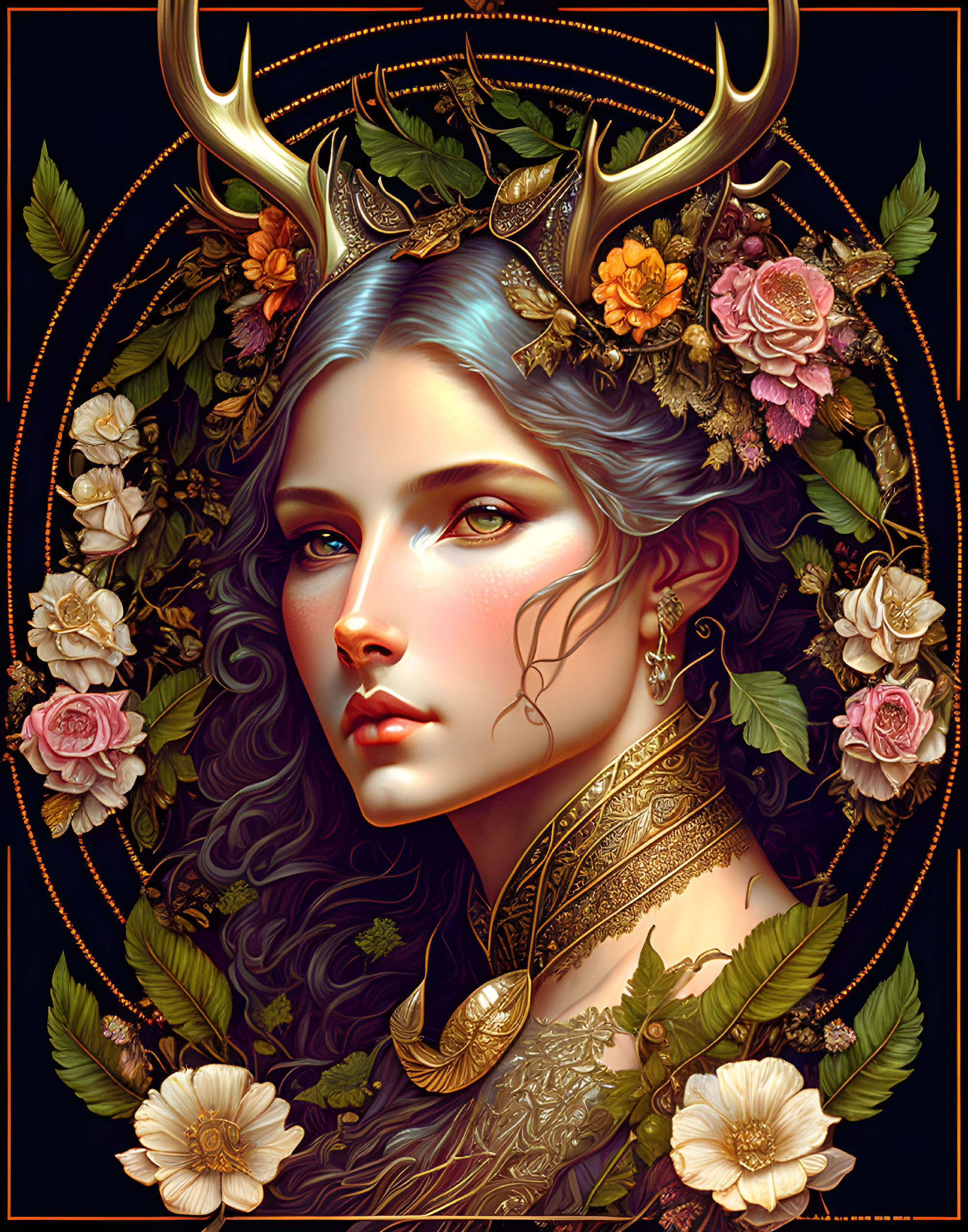 Woman with Antlers Surrounded by Floral Wreath and Golden Jewelry