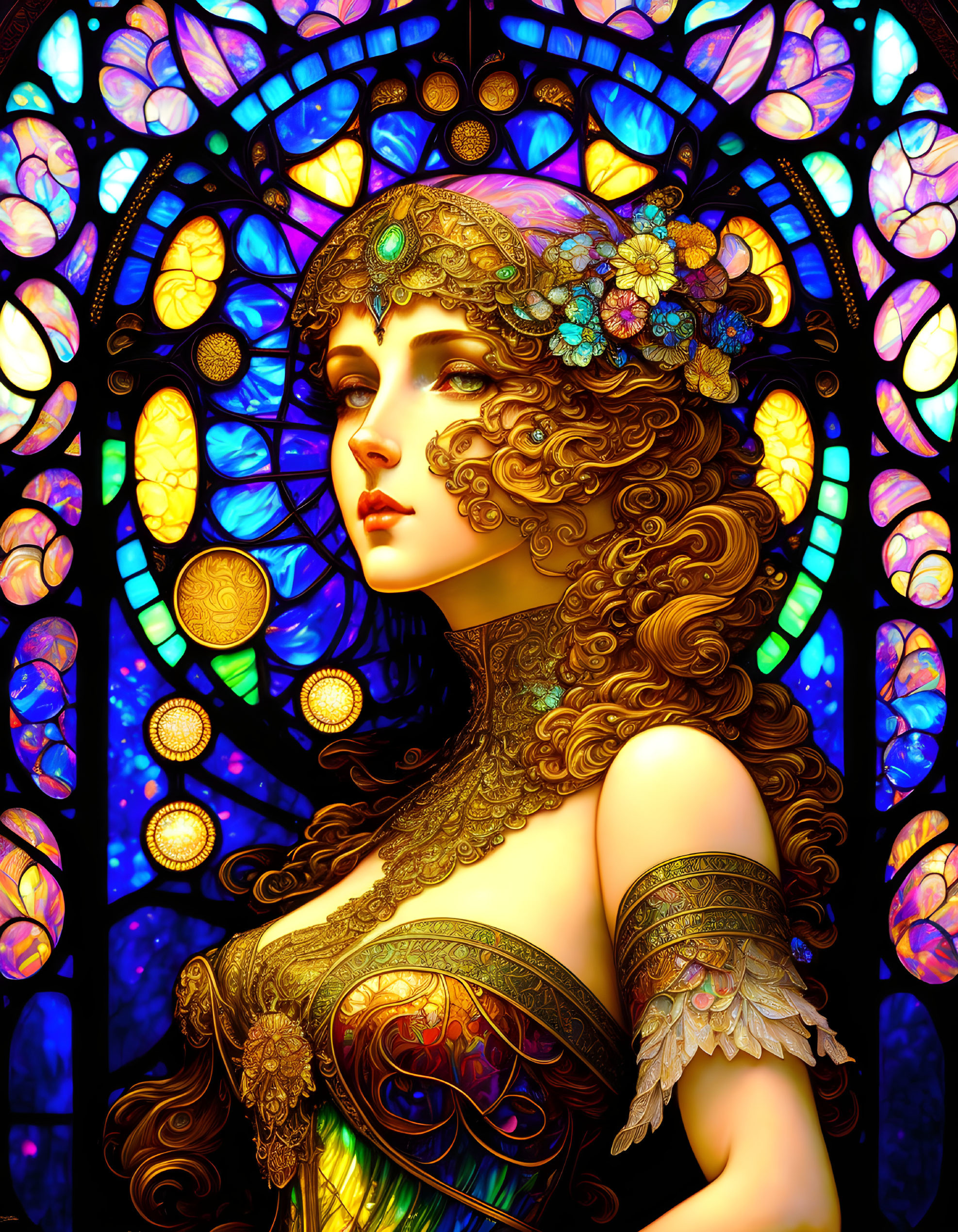 Digital artwork: Woman in golden armor with flowing hair on vibrant stained glass background.