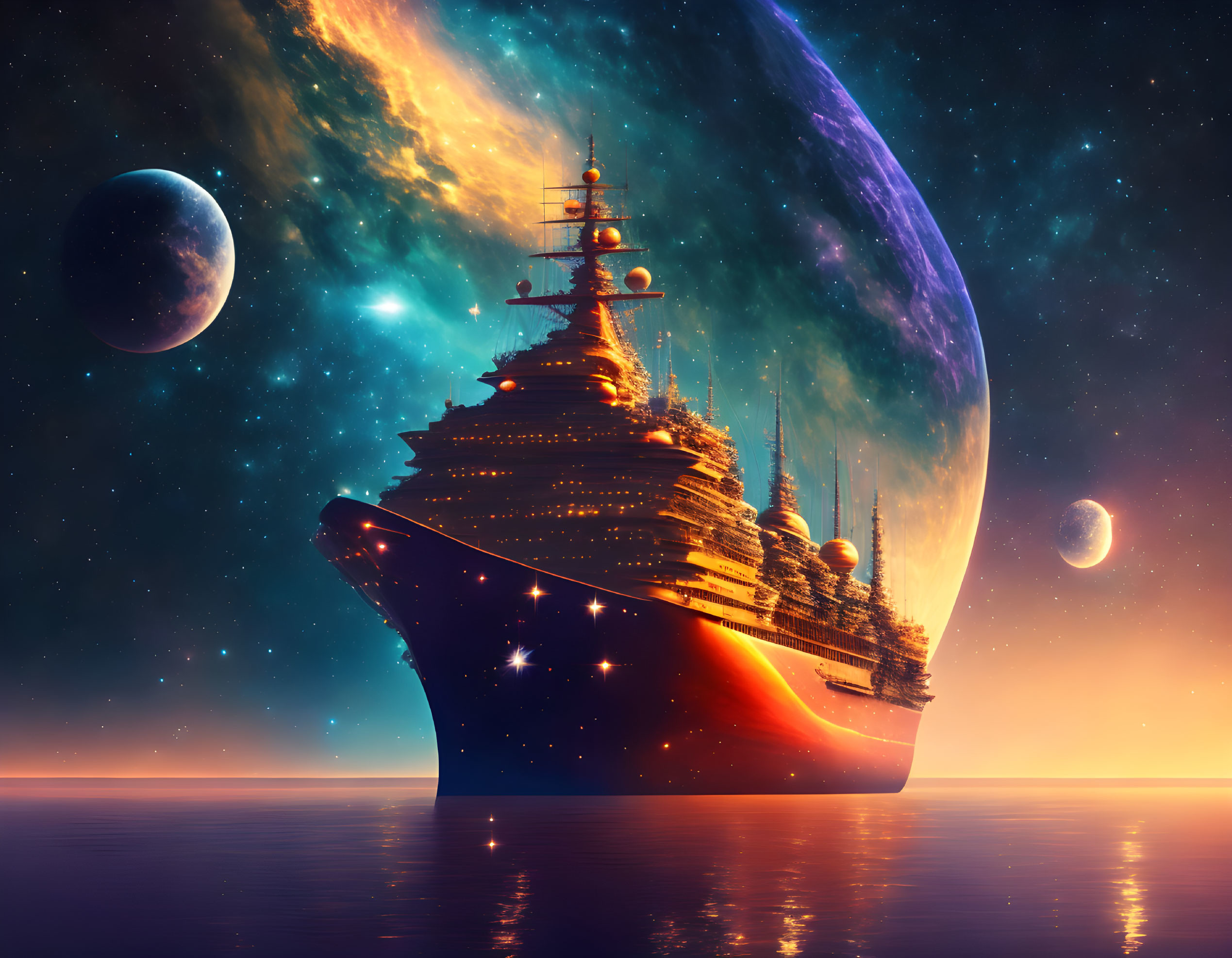 Large surreal ship sailing towards vibrant celestial bodies on tranquil ocean