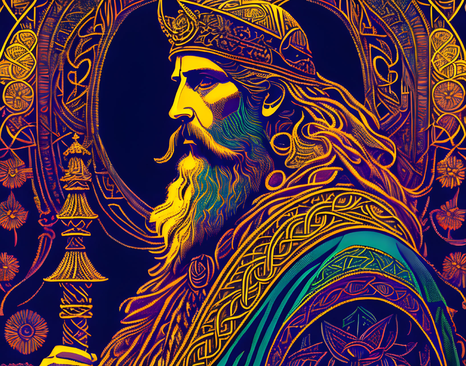 Detailed illustration of bearded king in ornate armor and crown