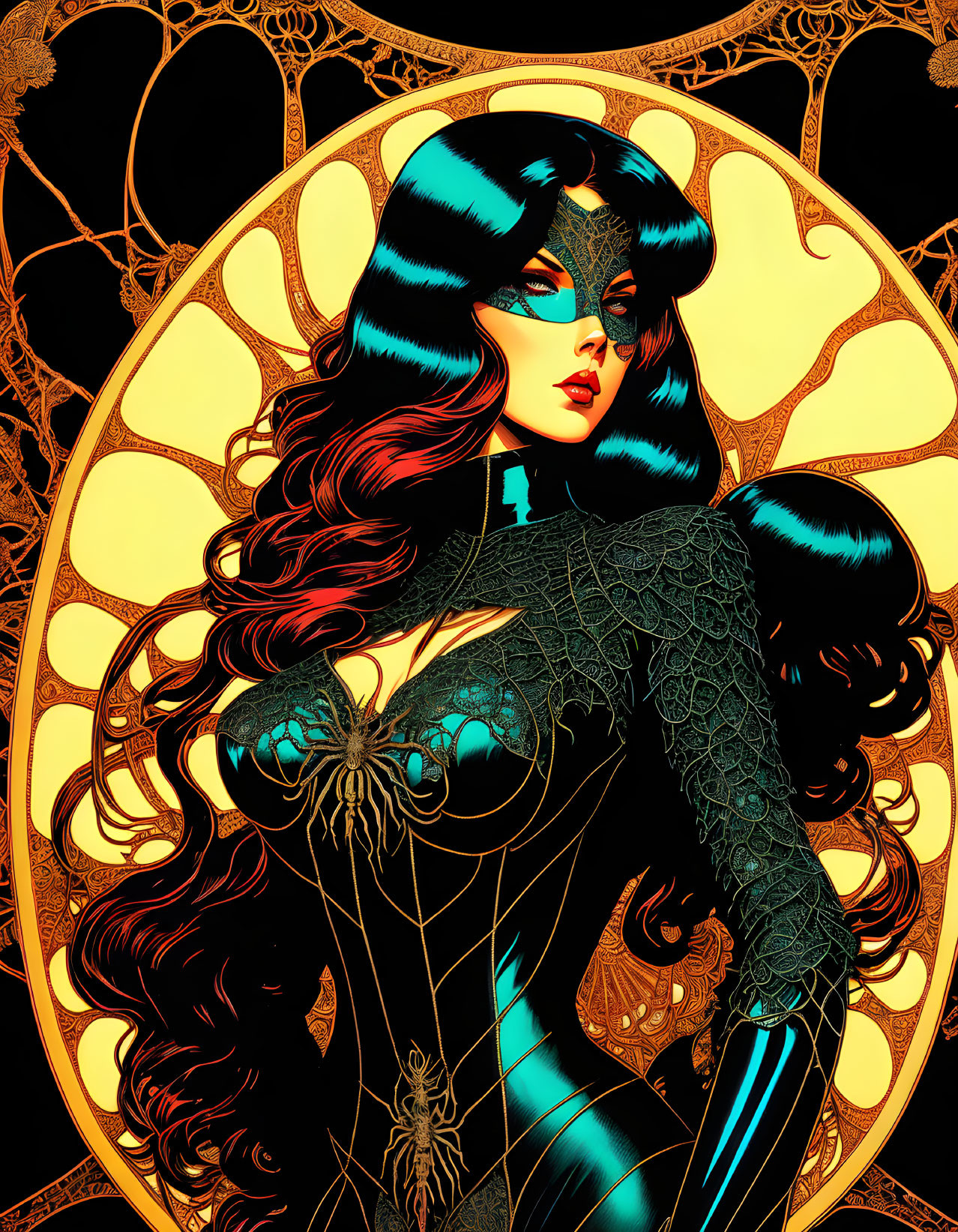 Illustrated female character with long wavy hair in spider web bodysuit against golden backdrop