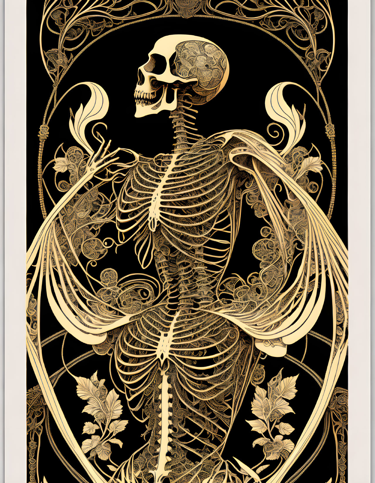 Detailed human skeleton illustration with floral motif and brain, on black background