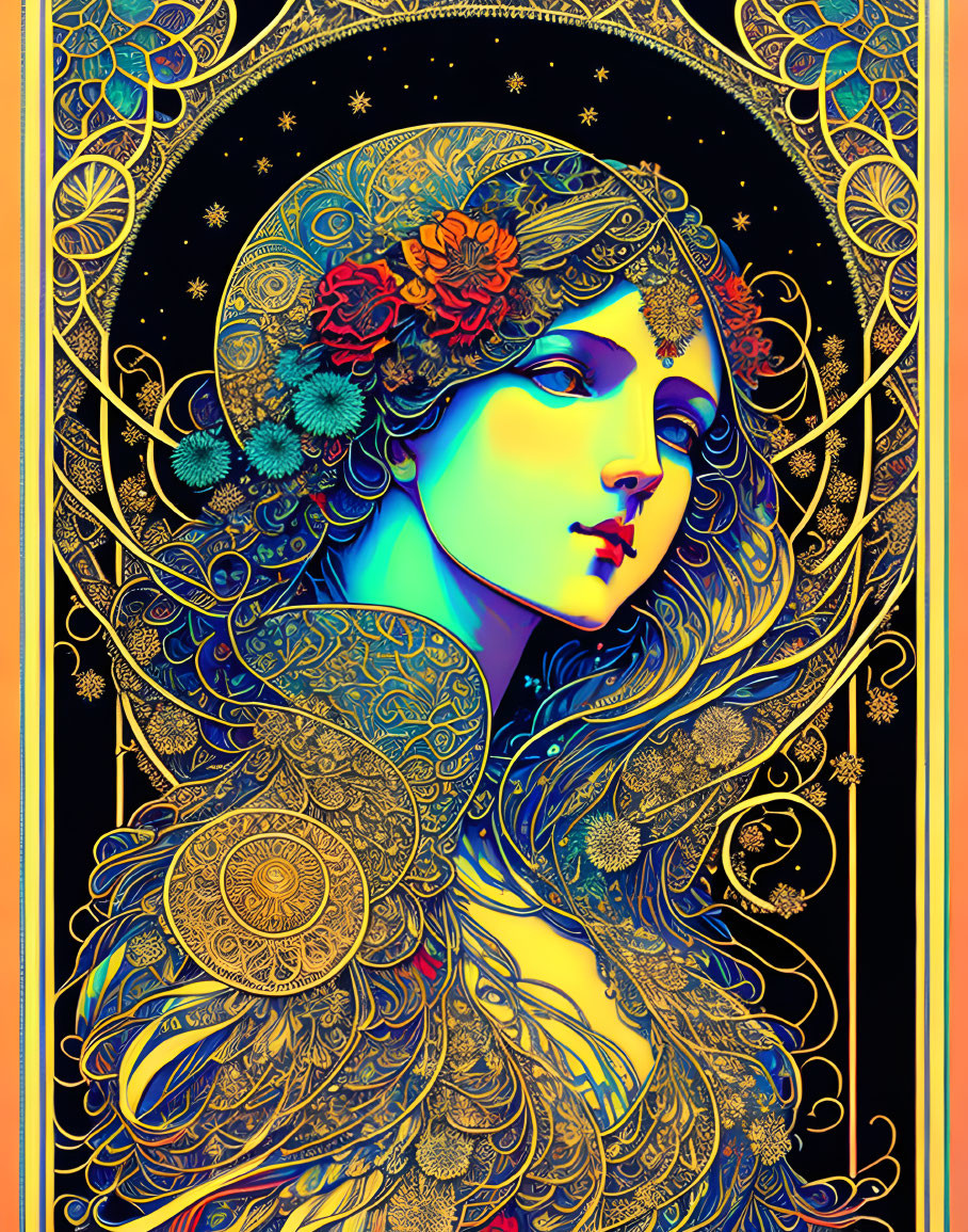 Detailed Art Nouveau Woman Illustration with Floral and Celestial Patterns