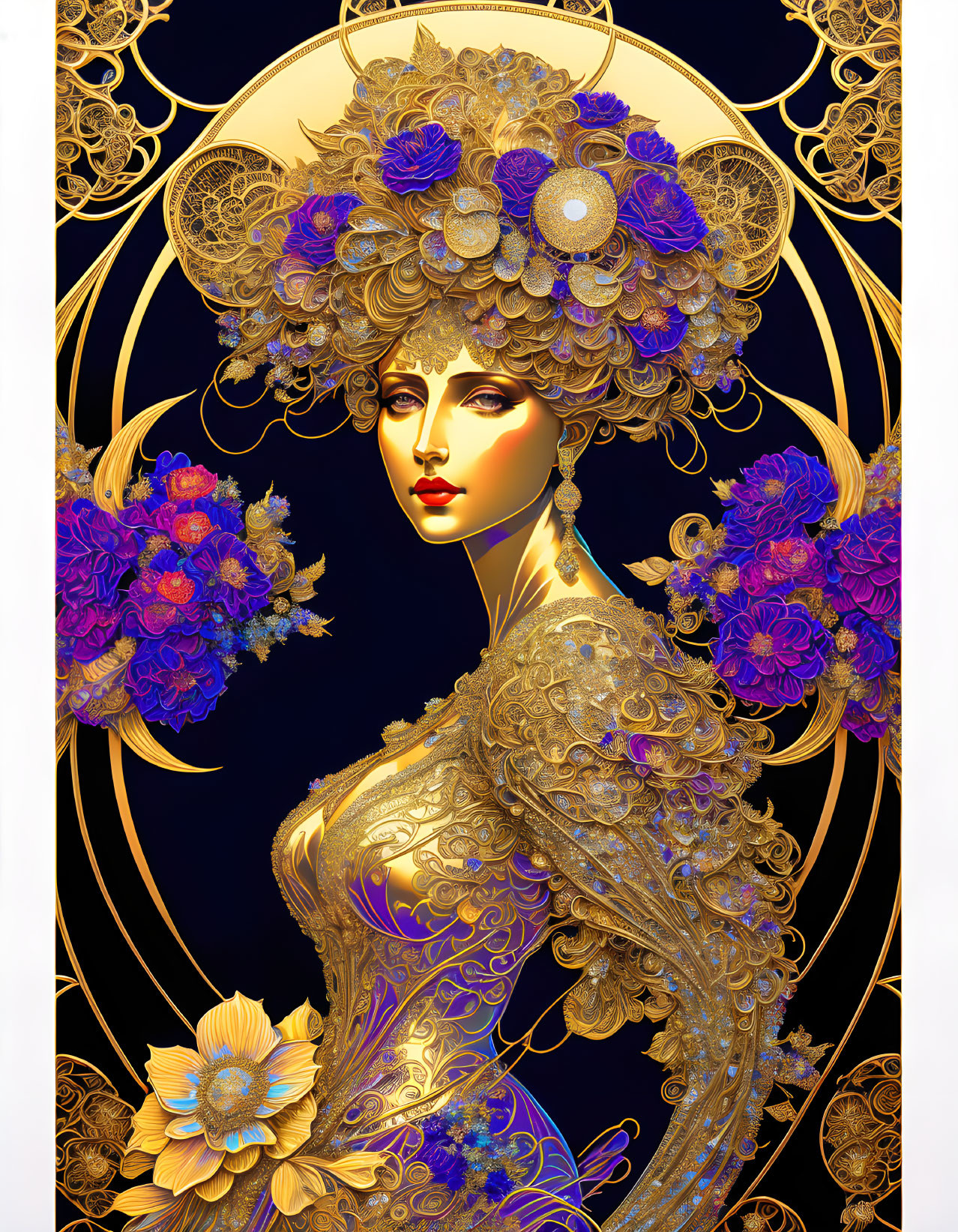 Detailed Illustration of Woman with Golden Filigree and Blue Flowers