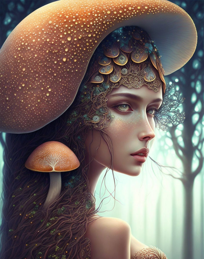 Fantasy-themed digital artwork of a woman with mushroom-inspired hair in rich earthy tones