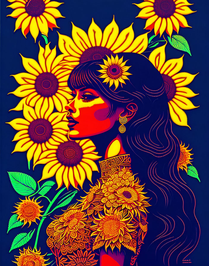 Colorful Woman with Sunflowers in Hair on Blue Background