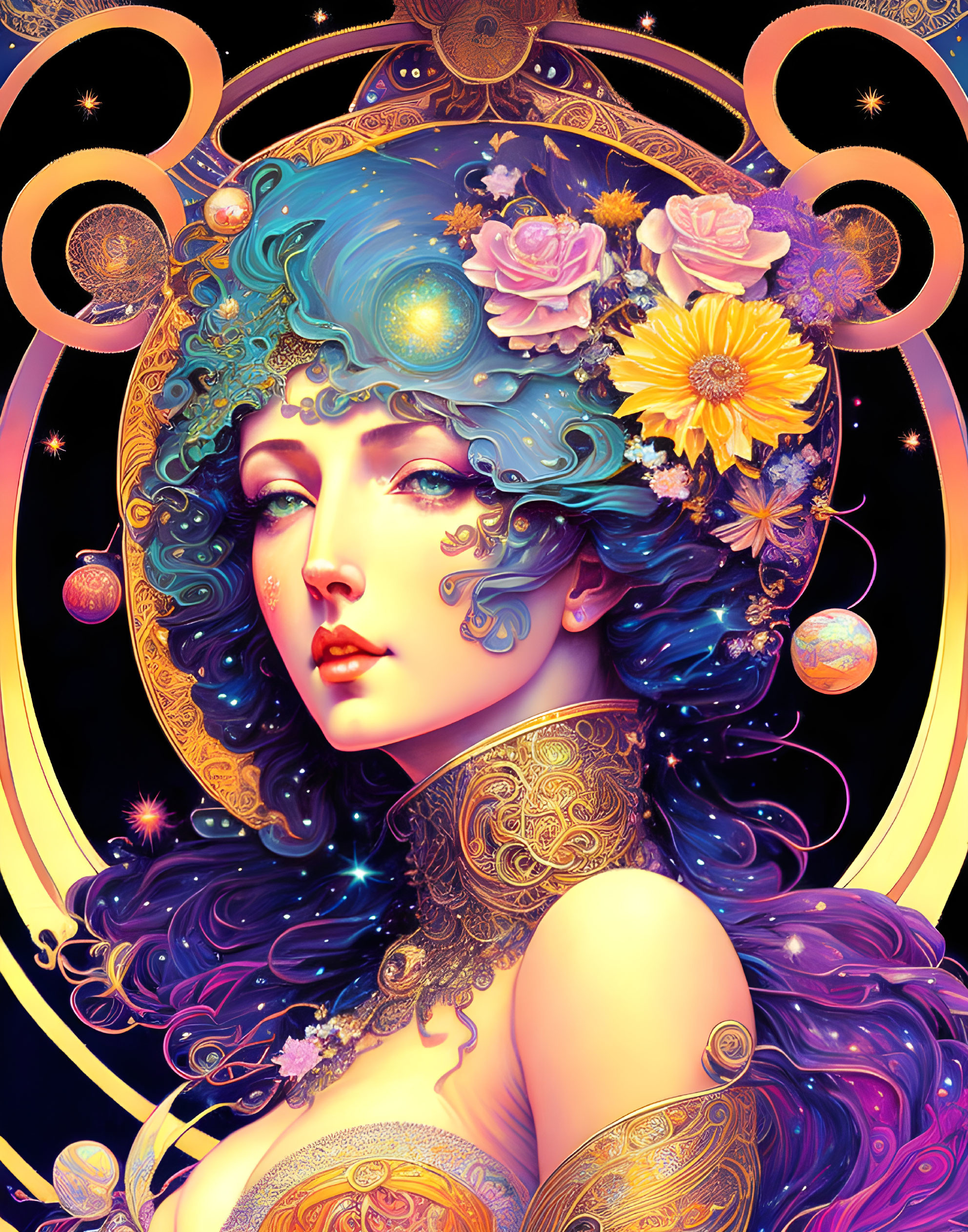 Colorful illustration: Woman with blue hair, cosmic elements, floating flowers, golden patterns on starry