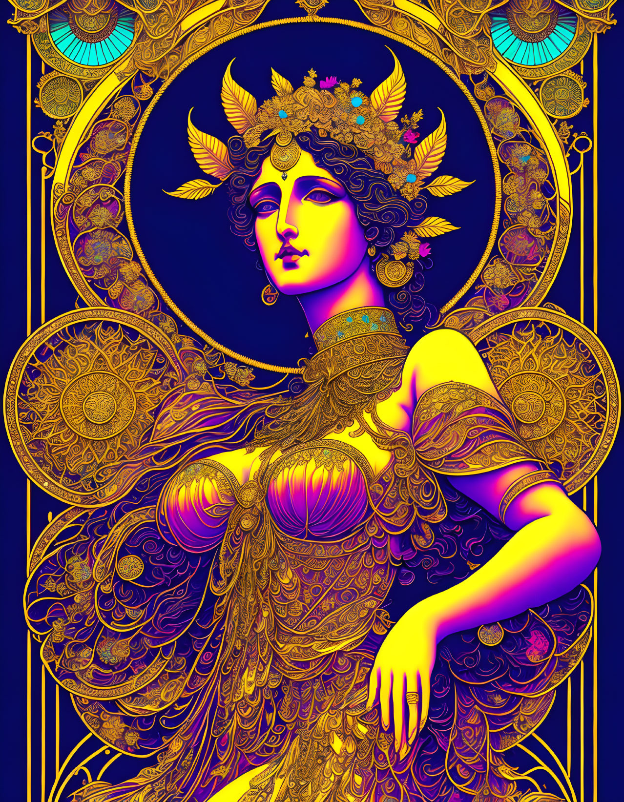 Regal woman with gold embellishments on deep blue background