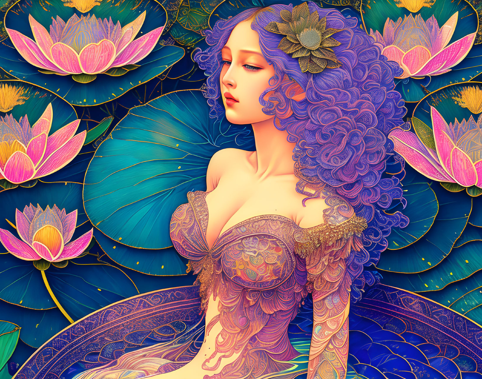 Digital Artwork: Feminine Figure with Purple Hair and Lotus Flowers