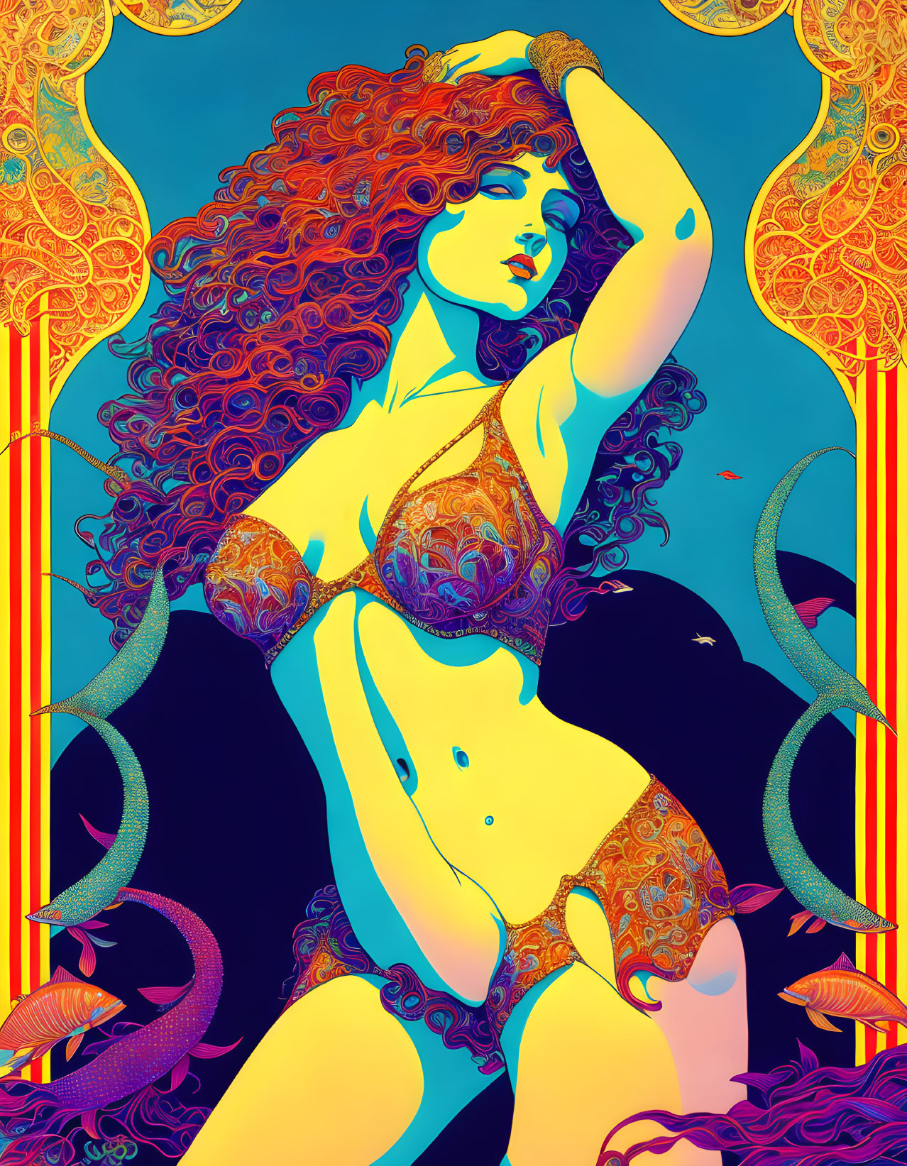 Colorful Psychedelic Artwork: Woman with Red Hair, Serpents, Blue & Gold