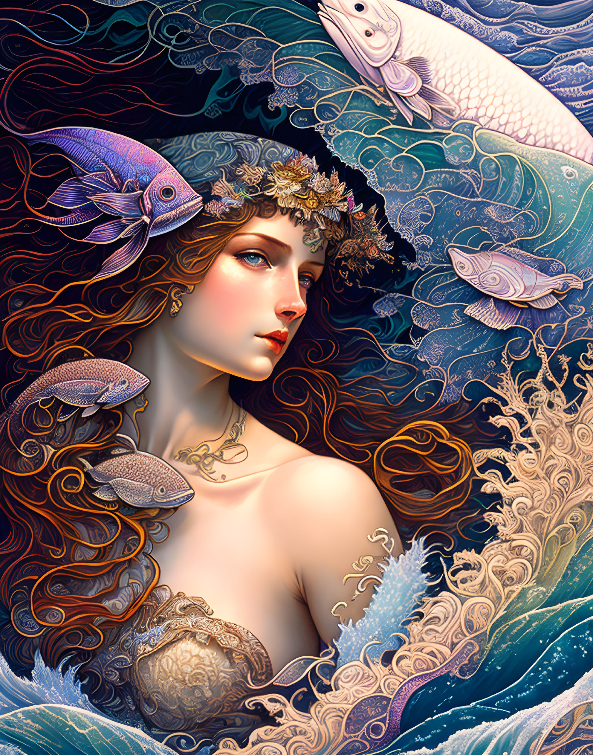 Fantasy illustration: Woman with floral crown, fish, waves.