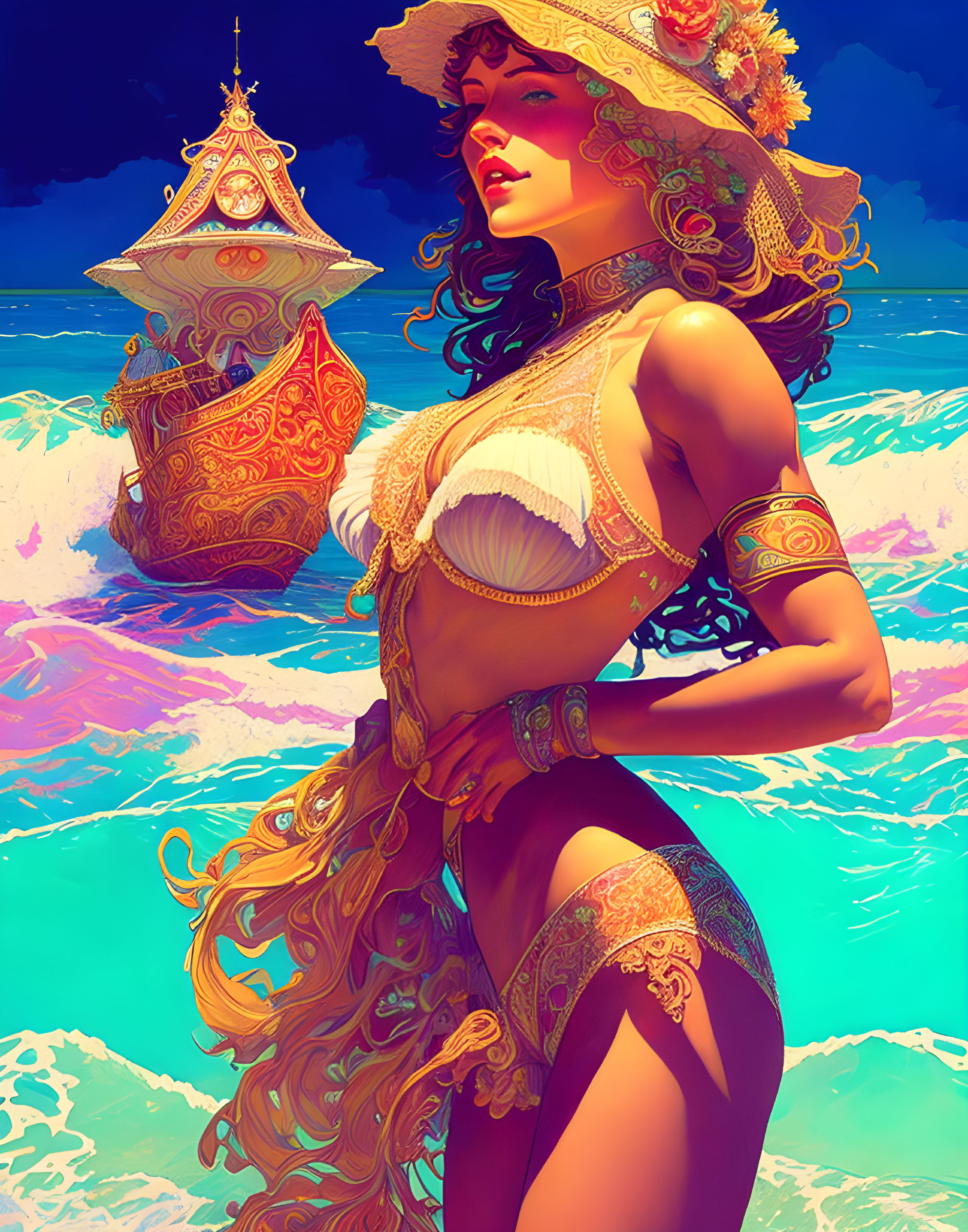 Fantasy beach attire woman illustration with lantern by the sea