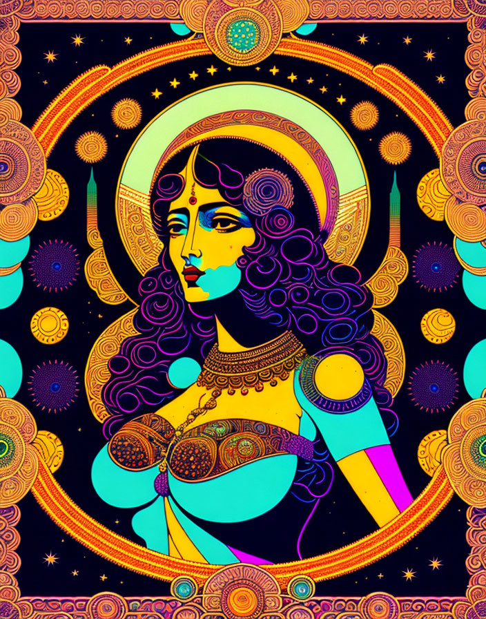 Colorful Psychedelic Illustration of Woman with Dark Hair and Ornate Jewelry