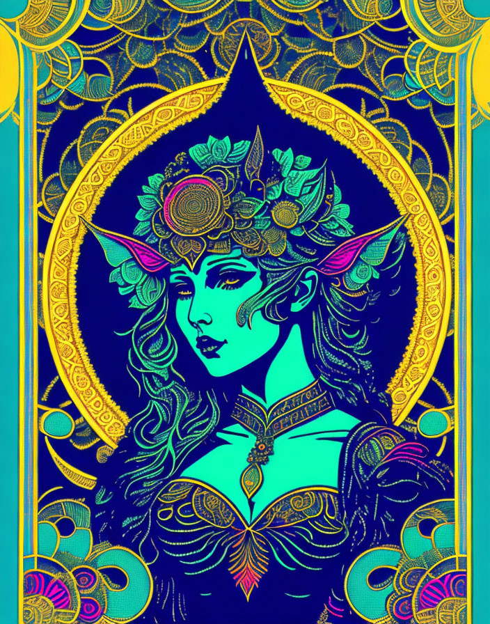 Fantasy elf illustration with floral patterns on ornate background