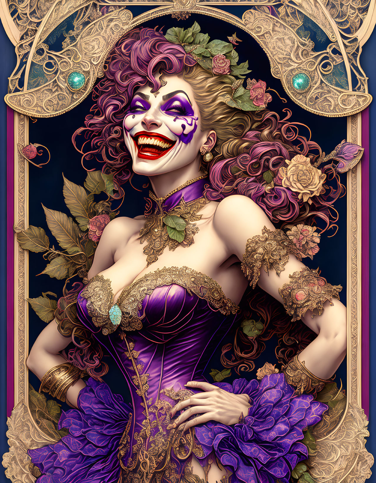 Illustrated woman with curly hair and theatrical makeup in purple corset among gothic elements.