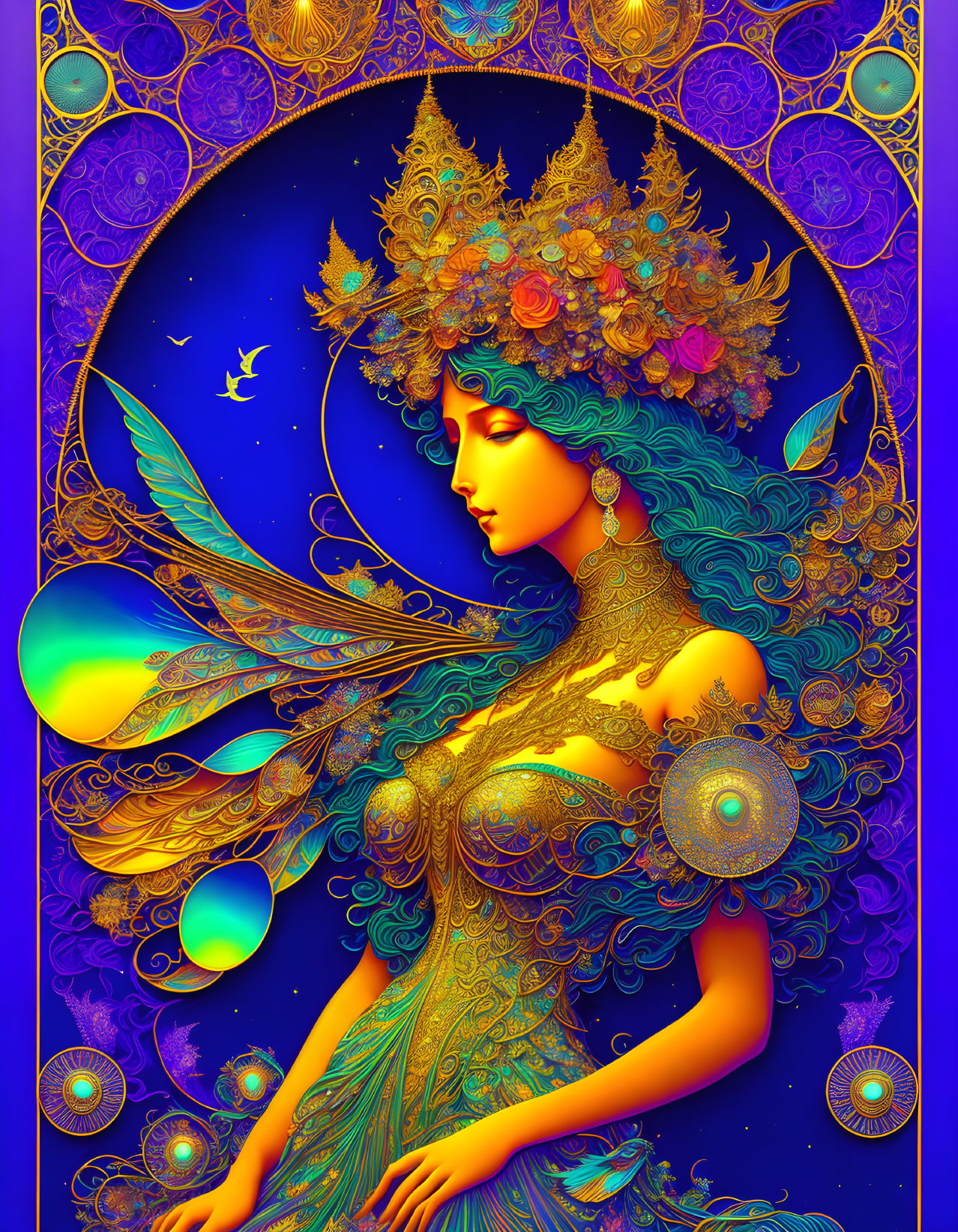 Colorful artwork of woman with peacock feathers in hair on celestial background