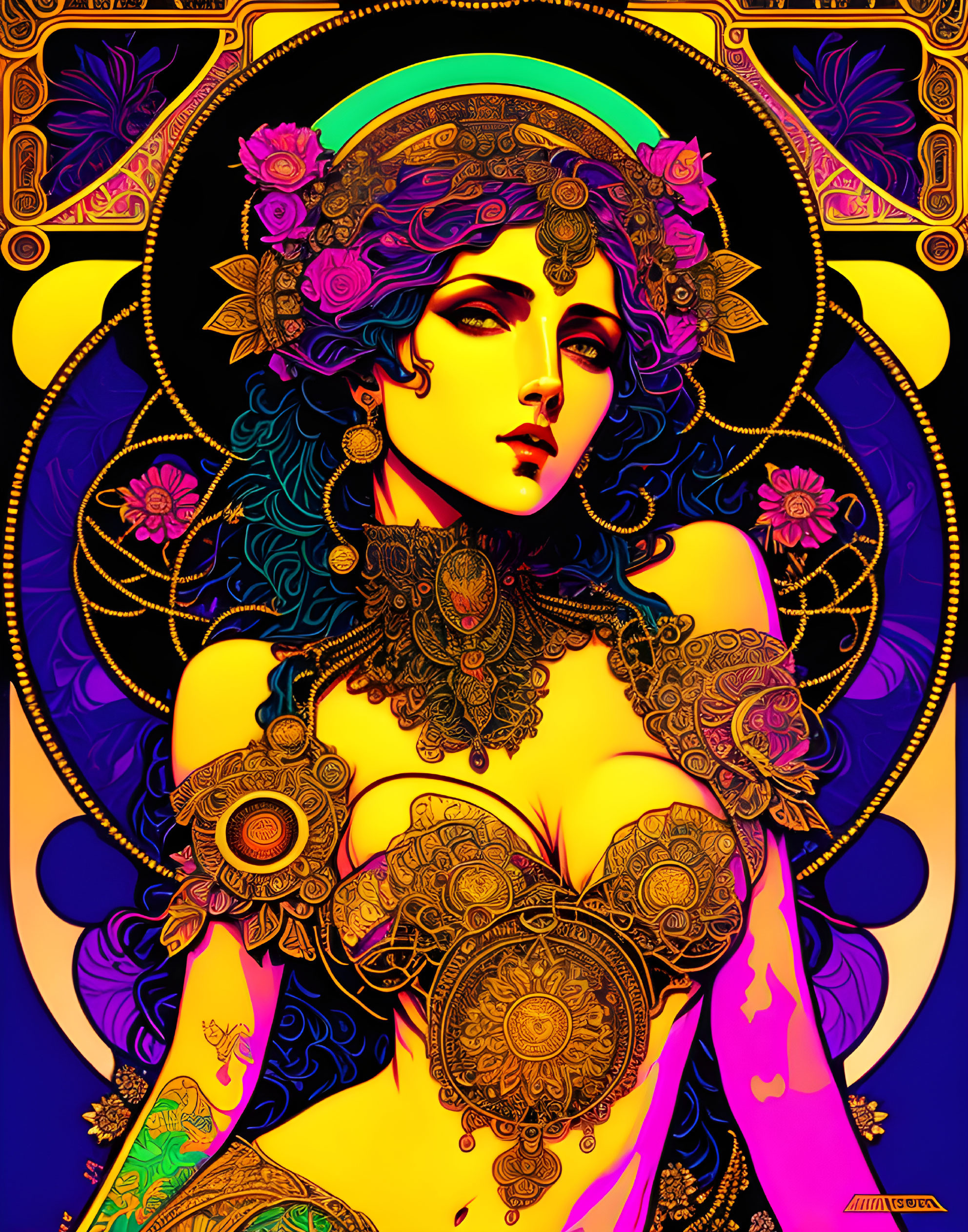 Colorful Art Nouveau Woman Illustration with Elaborate Headdress