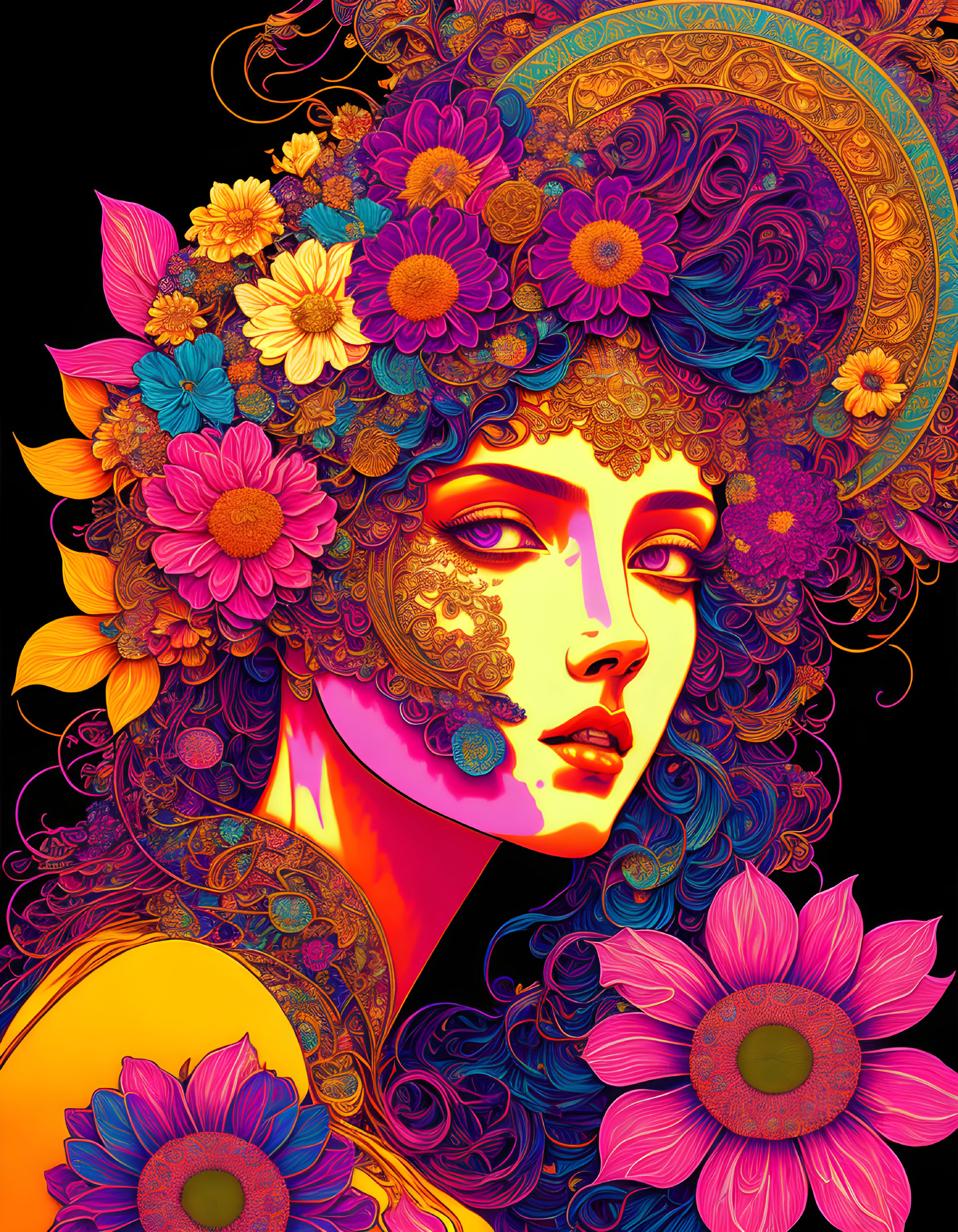 Colorful Woman Illustration with Floral Motifs on Dark Background