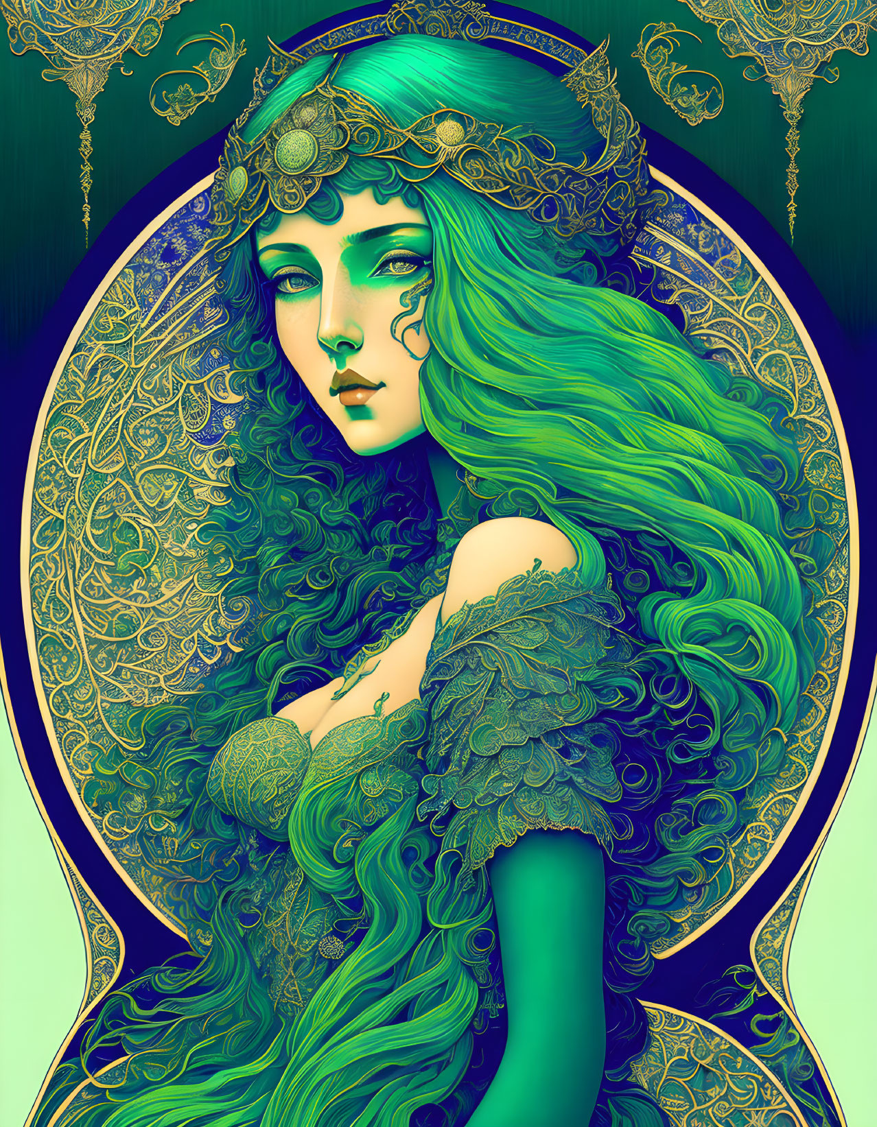 Art Nouveau Style Woman Illustration with Green Hair and Golden Headpiece