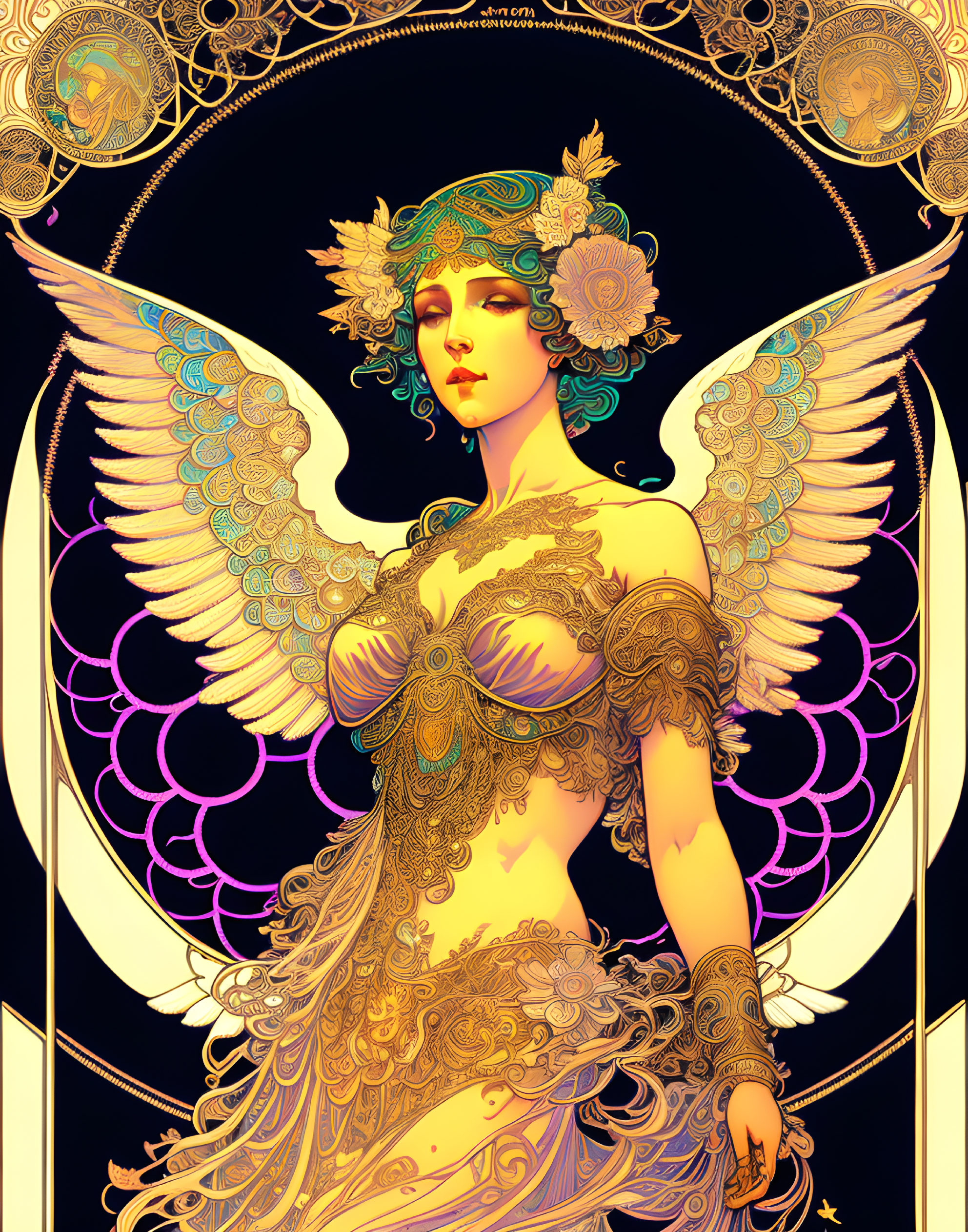 Art Nouveau inspired angelic figure with ornate wings and golden attire on navy and purple background