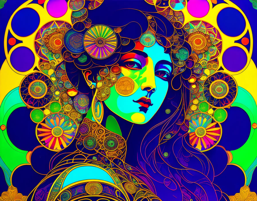 Colorful psychedelic art of a woman with ornate circular patterns