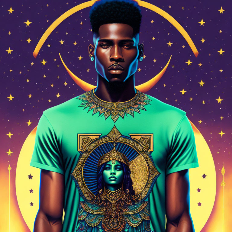 Man with stylized afro in cosmic scene with celestial symbols and woman portrait.