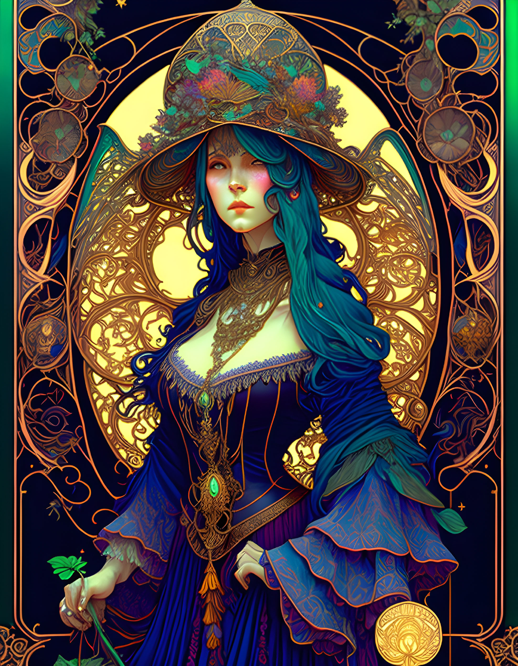 Illustrated woman with blue hair in gold-frame, wearing floral hat and blue dress holding sprig