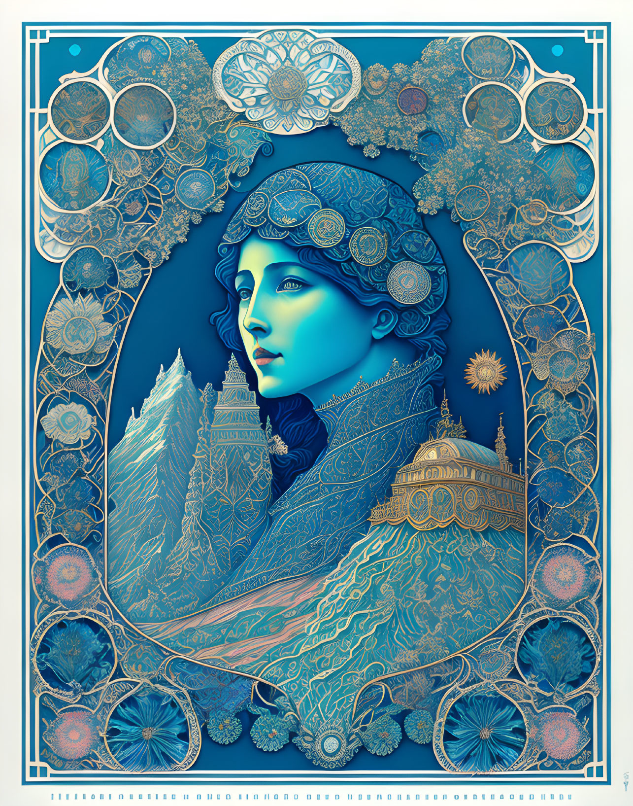 Blue-Toned Woman Portrait in Art Nouveau Style Illustration