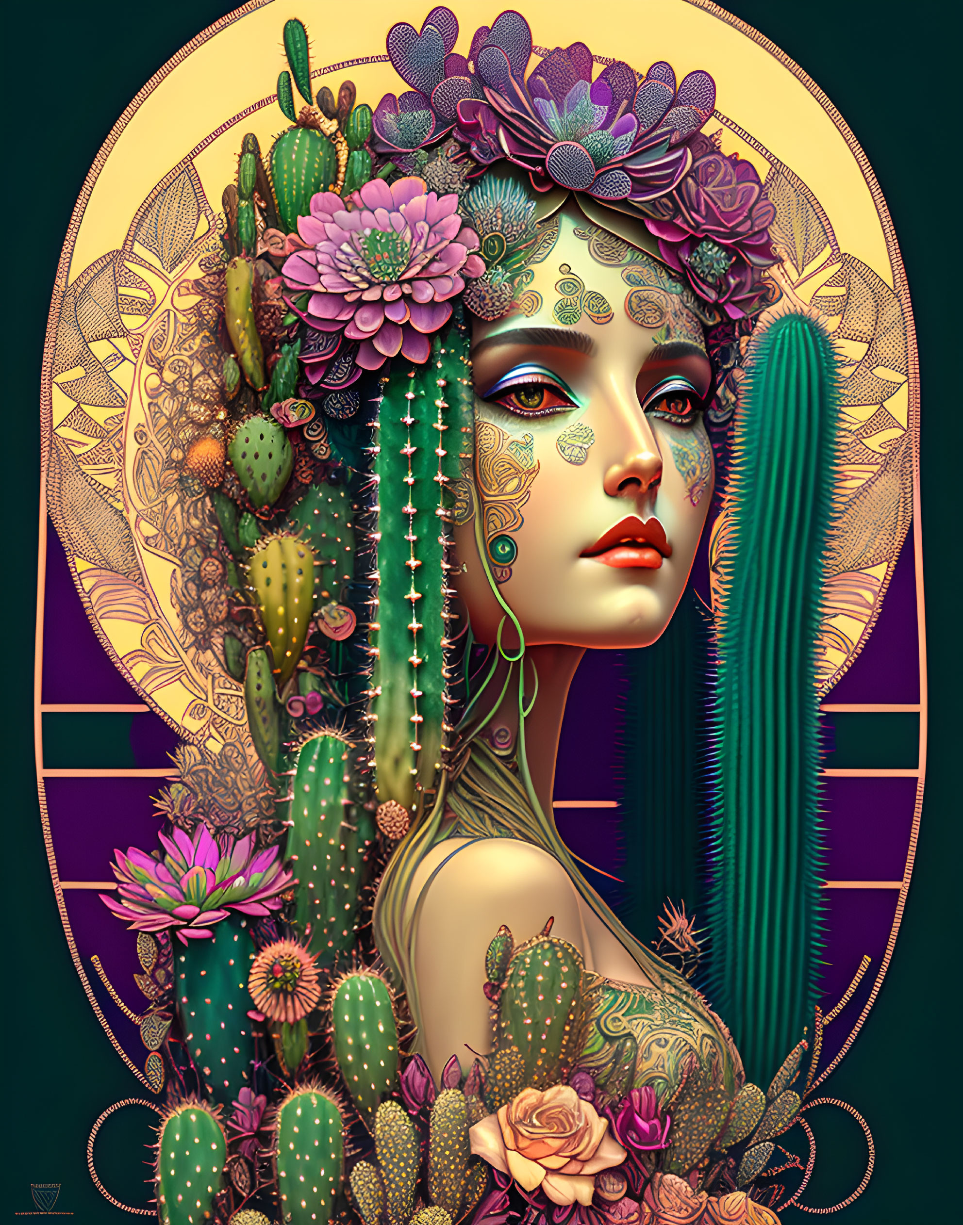 Circular Framed Portrait of Woman with Cactus and Floral Motifs