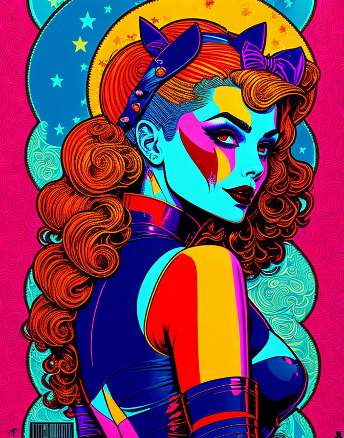 Vibrant pop art woman with cat ears and cosmic background